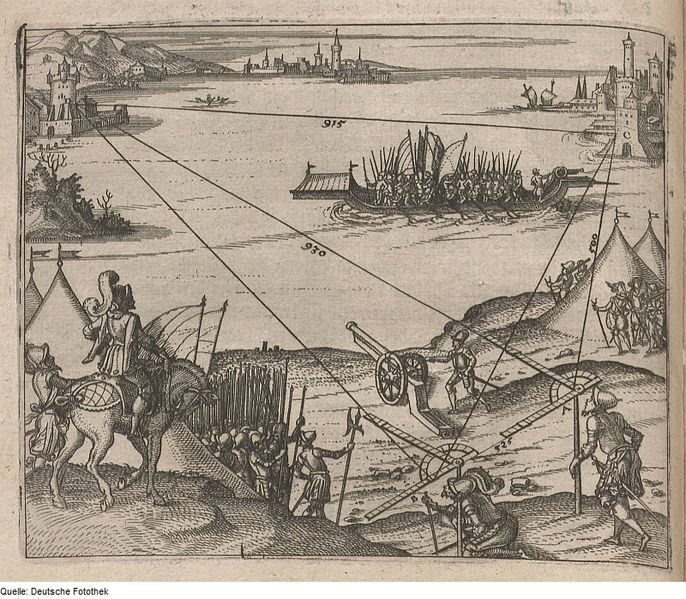 A black and white engraving depicting a siege scene with soldiers scaling castle walls, a cannon, and a city in the background.