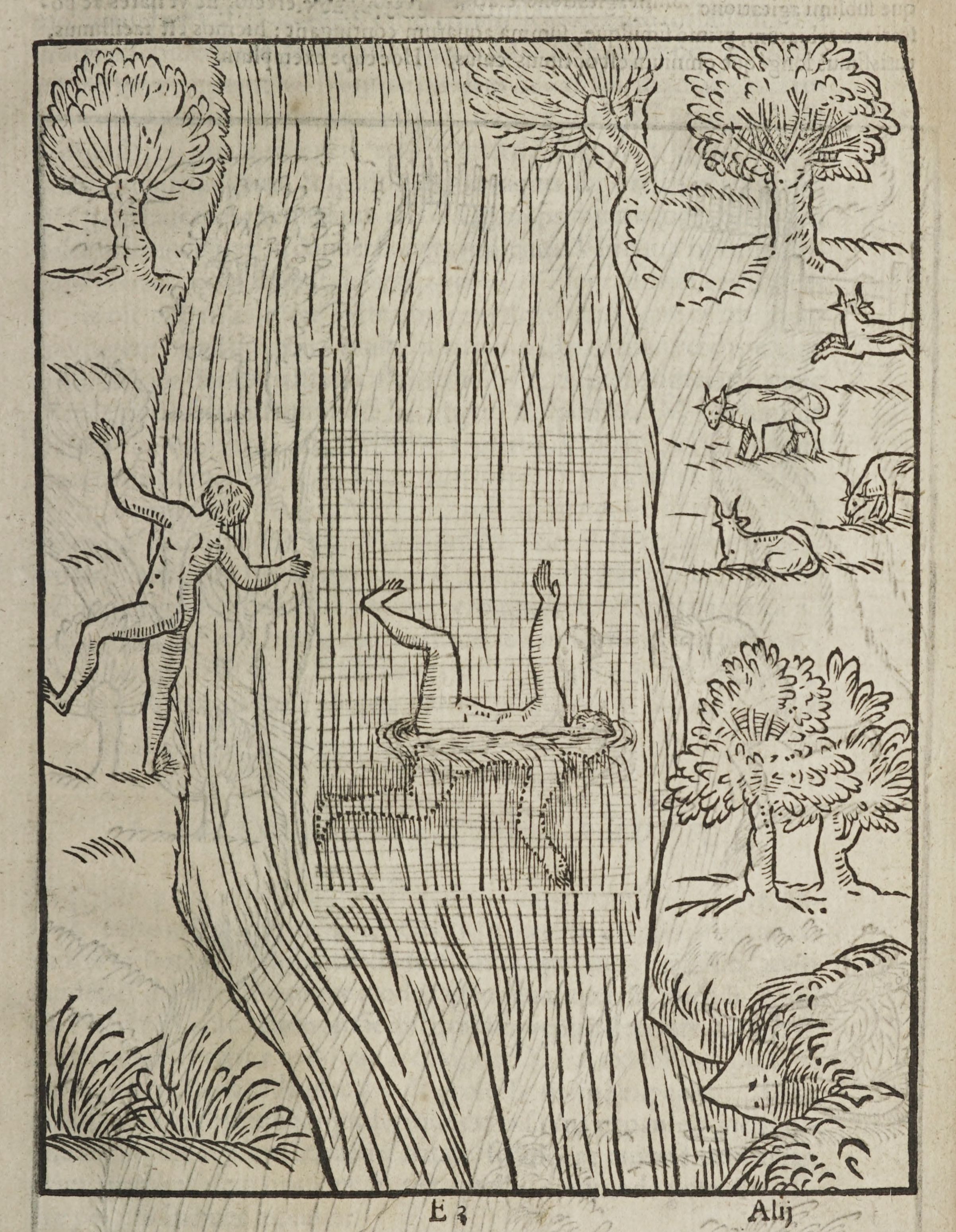 A black and white woodcut illustration depicting a scene with figures and animals in a natural setting.