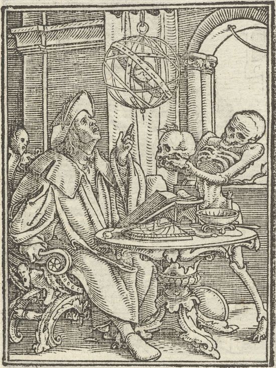 A black and white woodcut illustration of a scholar and a skeleton.
