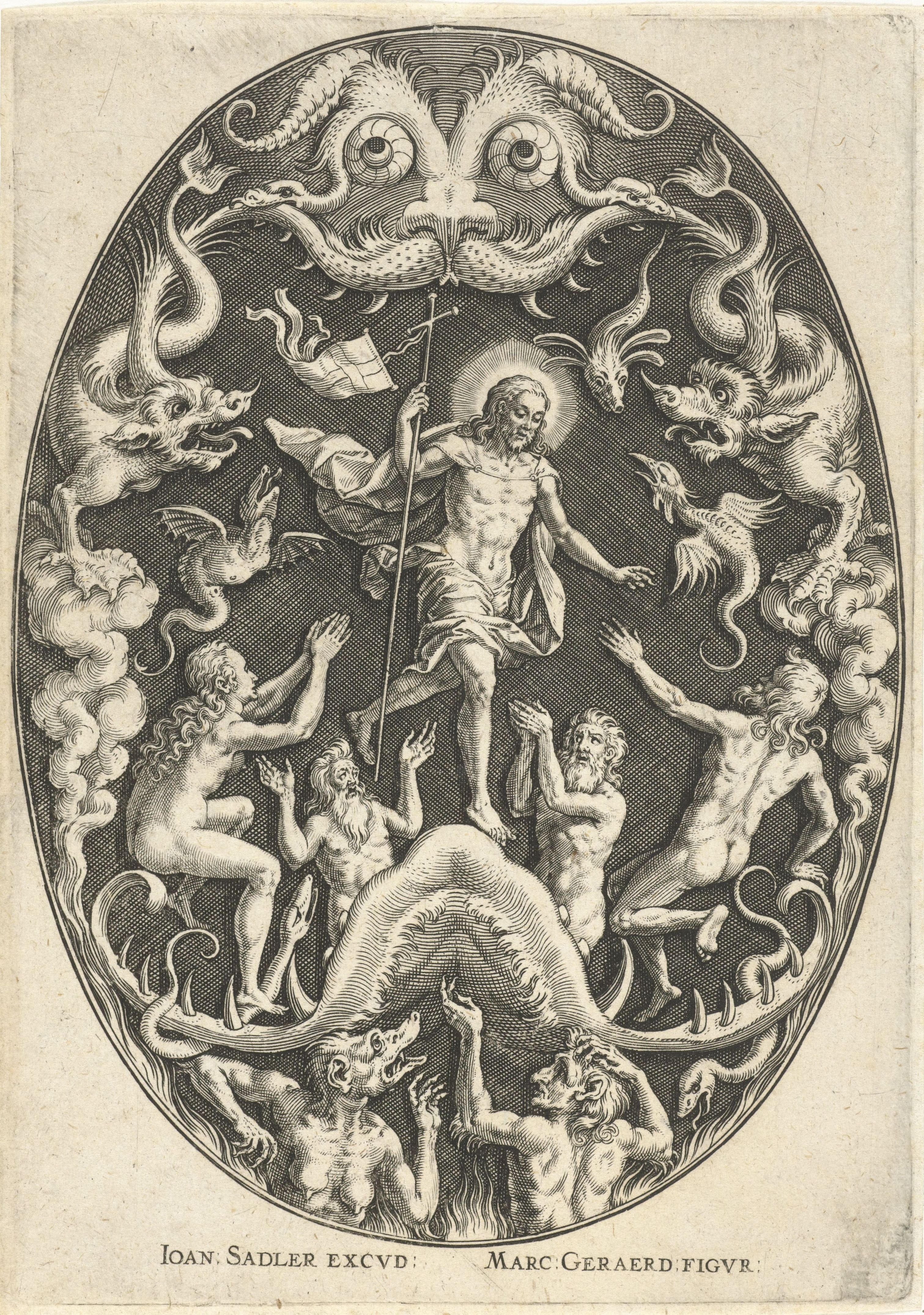 A detailed black and white engraving depicting a complex allegorical scene within an oval frame. At the center stands a nude male figure, presumably Christ, with a halo around his head. He is holding a long staff topped with a cross. He appears to be rising or floating above a tumultuous sea. Around the central figure, a swirling, chaotic scene unfolds. There are several nude figures, likely angels or symbolic representations, positioned around the central figure. They are partially obscured by swirling clouds and waves. The most striking element is the presence of multiple serpentine dragons and sea monsters intertwined around the central figure and the swirling clouds. These creatures appear to be battling or surrounding the central figure, creating a sense of conflict and drama.