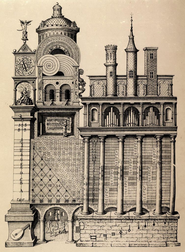 Detailed black and white engraving of a complex architectural structure with a clock tower, colonnade, and dome.