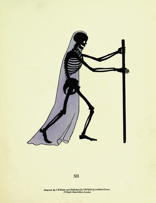 Vintage illustration of a skeleton draped in a veil leaning against a pole.