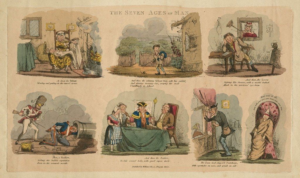 A series of six panels depicting different stages of life, titled 'The Seven Ages of Man'. Each panel is a cartoon-style illustration with a caption below.