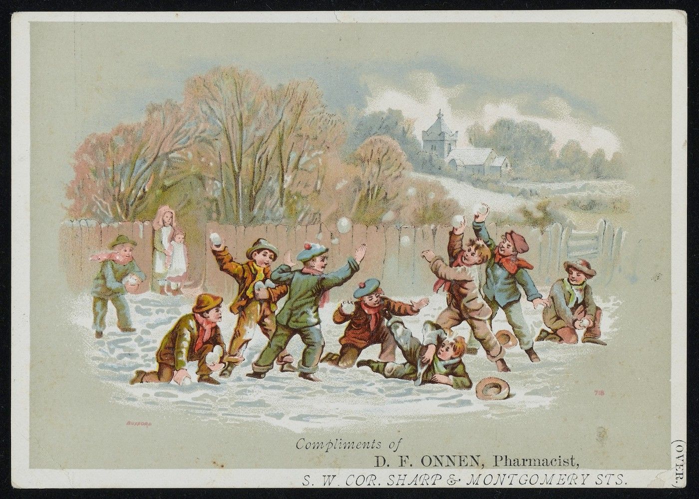 Vintage postcard illustration of children having a snowball fight in a snowy landscape, with text advertising a pharmacy at the bottom.