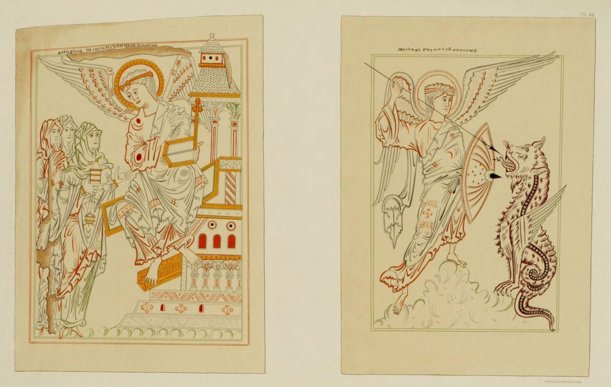 Two panels of medieval illuminated manuscript art depicting religious scenes. The left panel shows a seated figure on a throne with angels, and the right panel shows an angel battling a dragon.