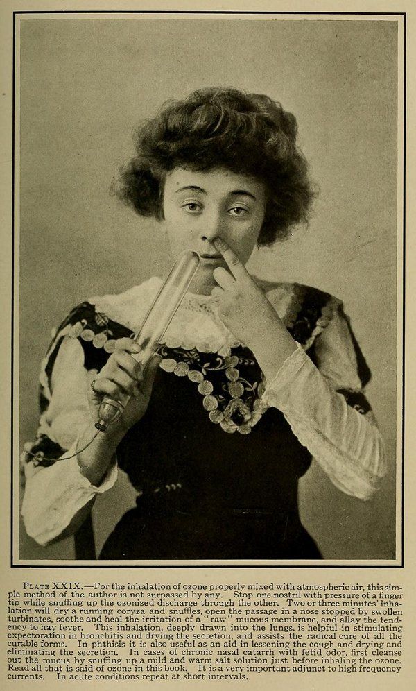 Vintage illustration of a woman undergoing ozone inhalation treatment, with detailed text describing the procedure and its benefits.