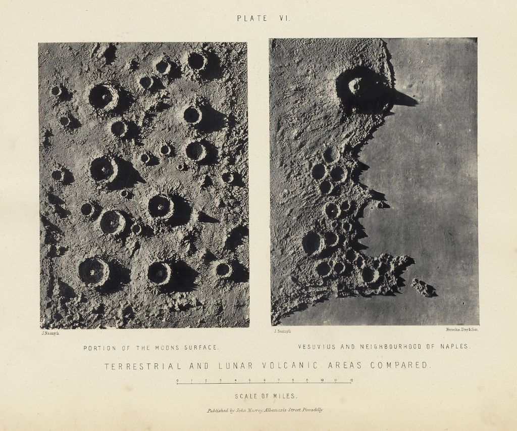 A vintage plate comparing the moon's surface to the volcanic landscape of Vesuvius and Naples.