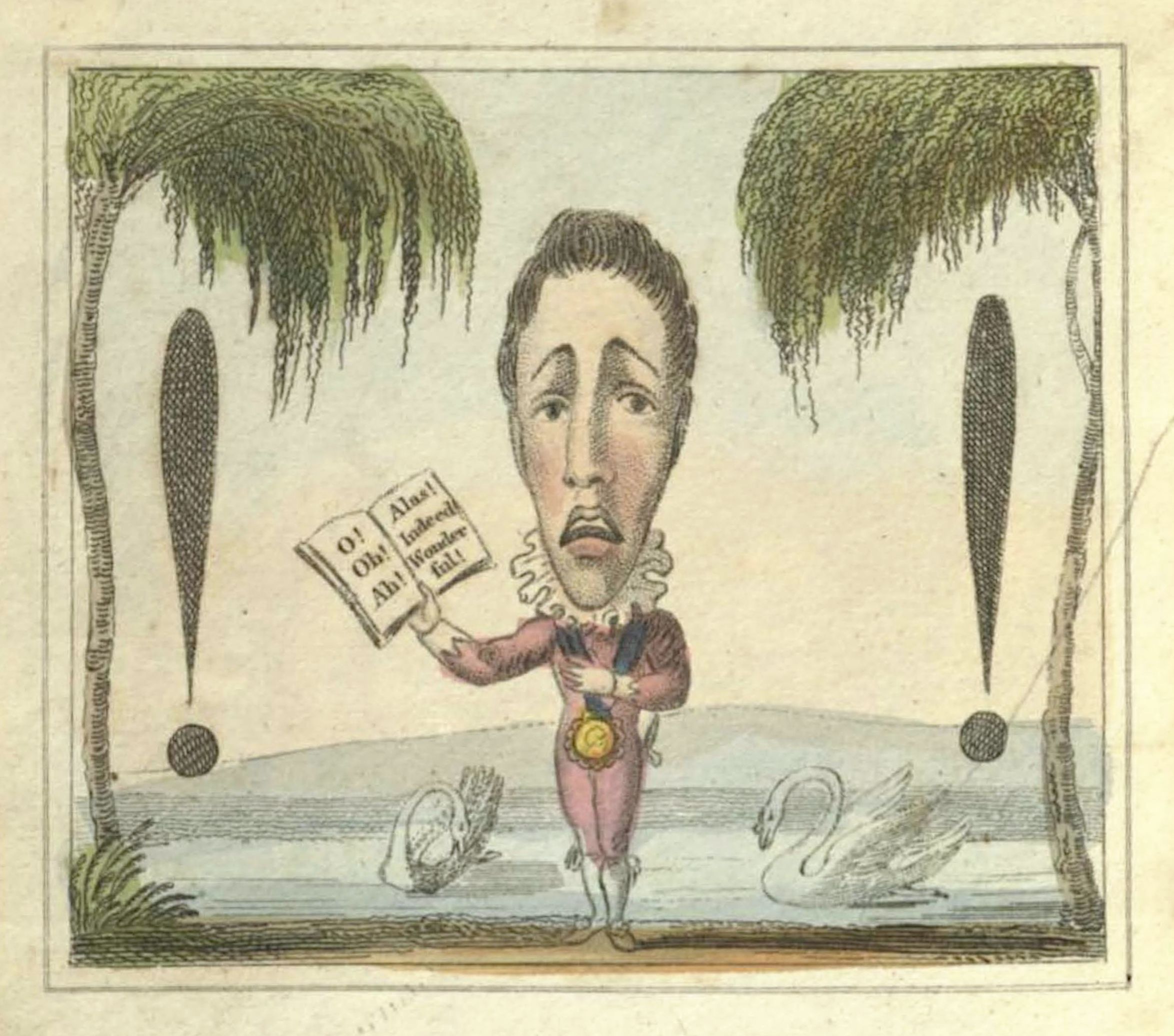 A hand-colored caricature of a man with an exaggerated face and body, holding a paper with exclamations, surrounded by floating exclamation marks and fainting figures.
