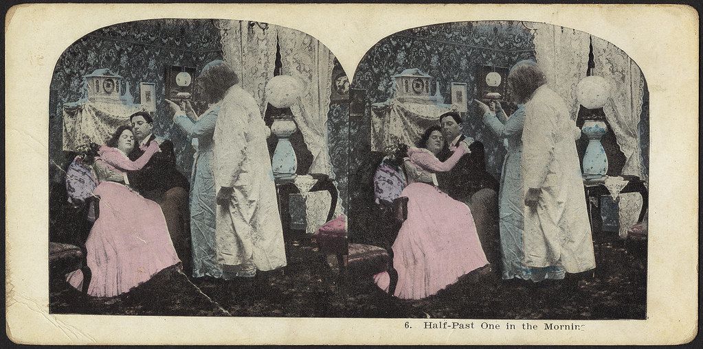 Stereoscopic card titled "6. Half-Past One in the Morning" depicting a woman in a pink dress being embraced by a ghost-like figure in a bedroom.