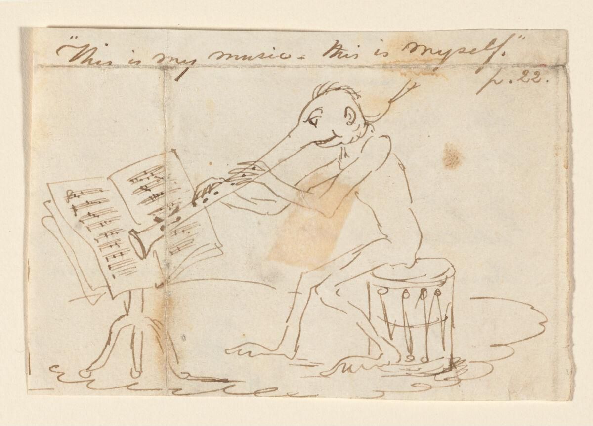 A sepia-toned drawing of a person seated and playing music, with handwritten text above reading "This is my music - This is myself." and a signature "f. 22."