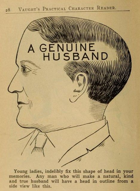 Vintage illustration of a man's head with the words "A GENUINE HUSBAND" written across it, from a book titled "Vaught's Practical Character Reader".