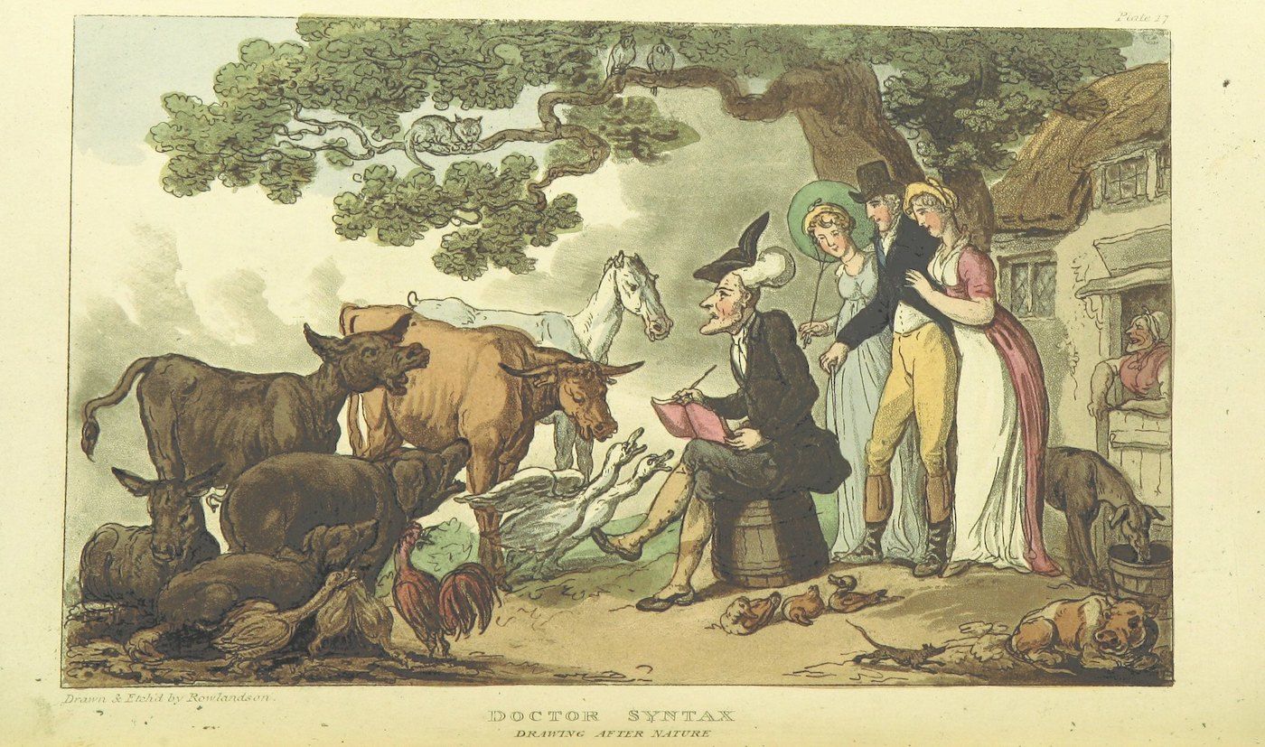 A hand-colored etching depicting a rural scene with a man reading a book surrounded by cows.