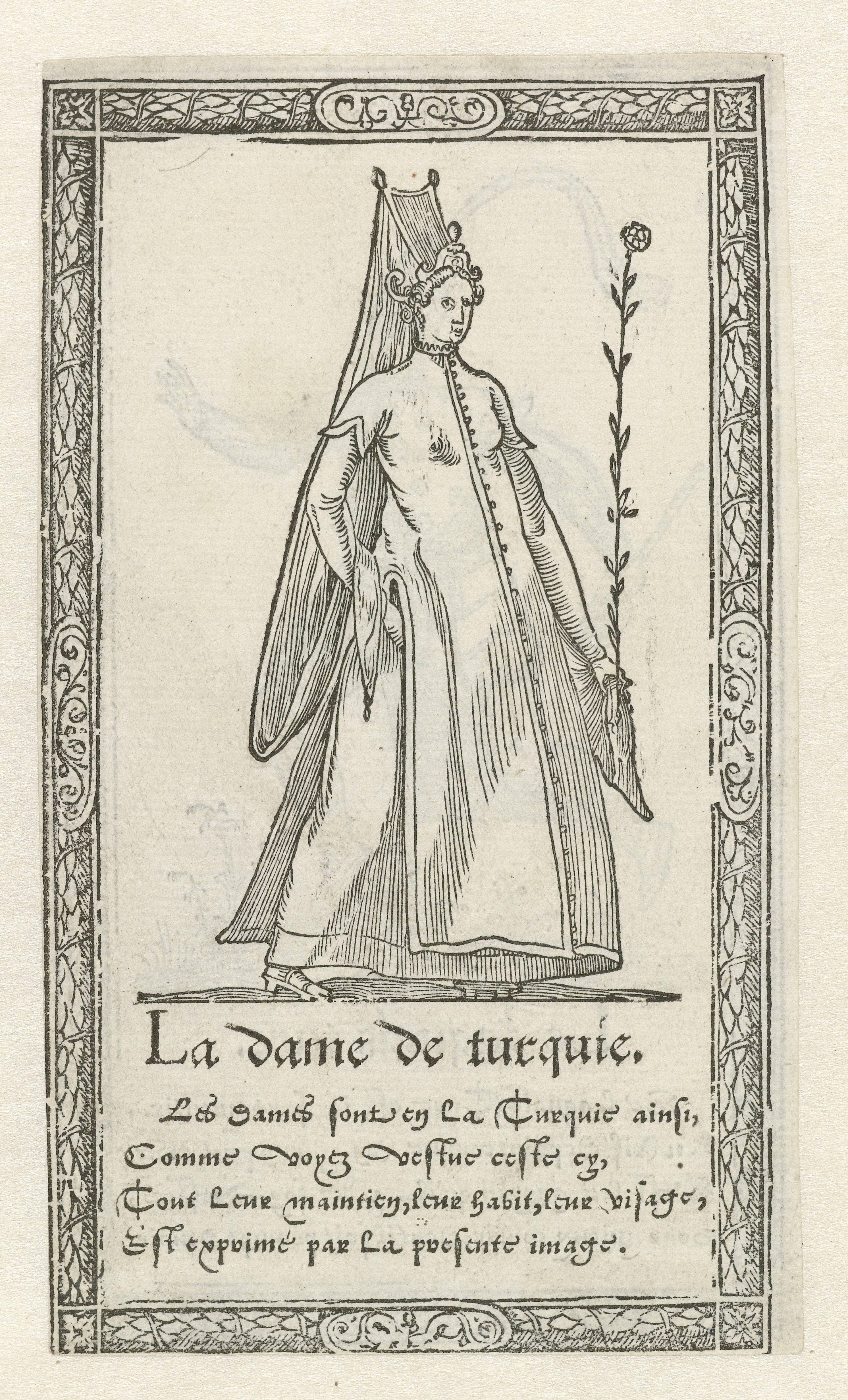 A black and white engraving of a woman in Turkish attire, framed by an ornate border and accompanied by text in French.