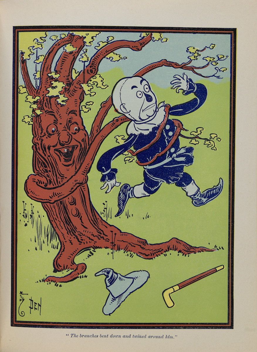 Vintage illustration of a man being ensnared by a living tree with a mischievous expression.