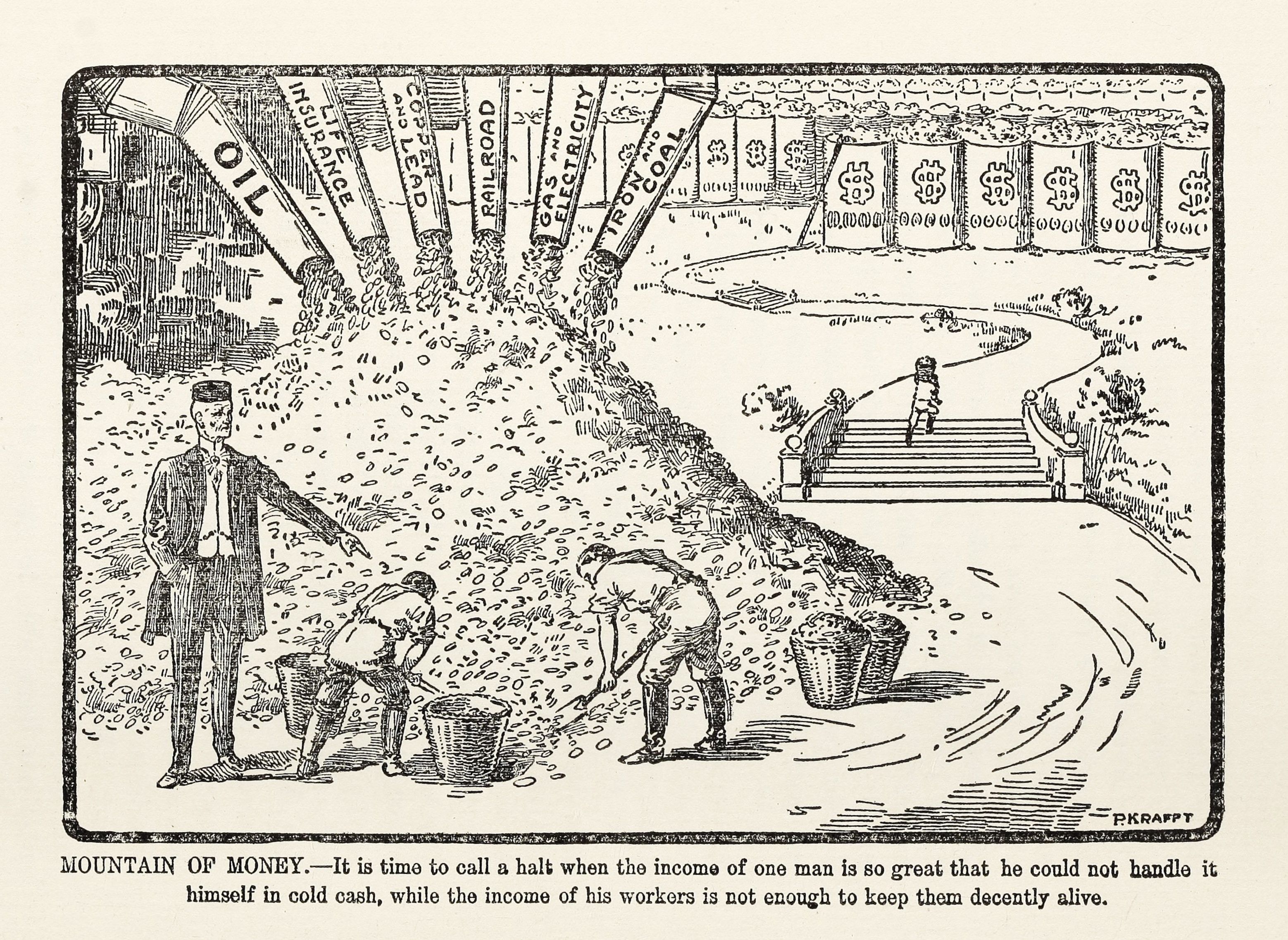 A black and white cartoon depicting a mountain of money with ragged men collecting falling money while a well-dressed man sits comfortably nearby.