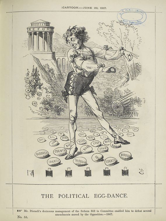 A black and white political cartoon titled 'The Political Egg-Dance' from June 29, 1867, depicting a man balancing on eggs labeled 'Borough' and 'County' with a building labeled 'REFORM' in the background.