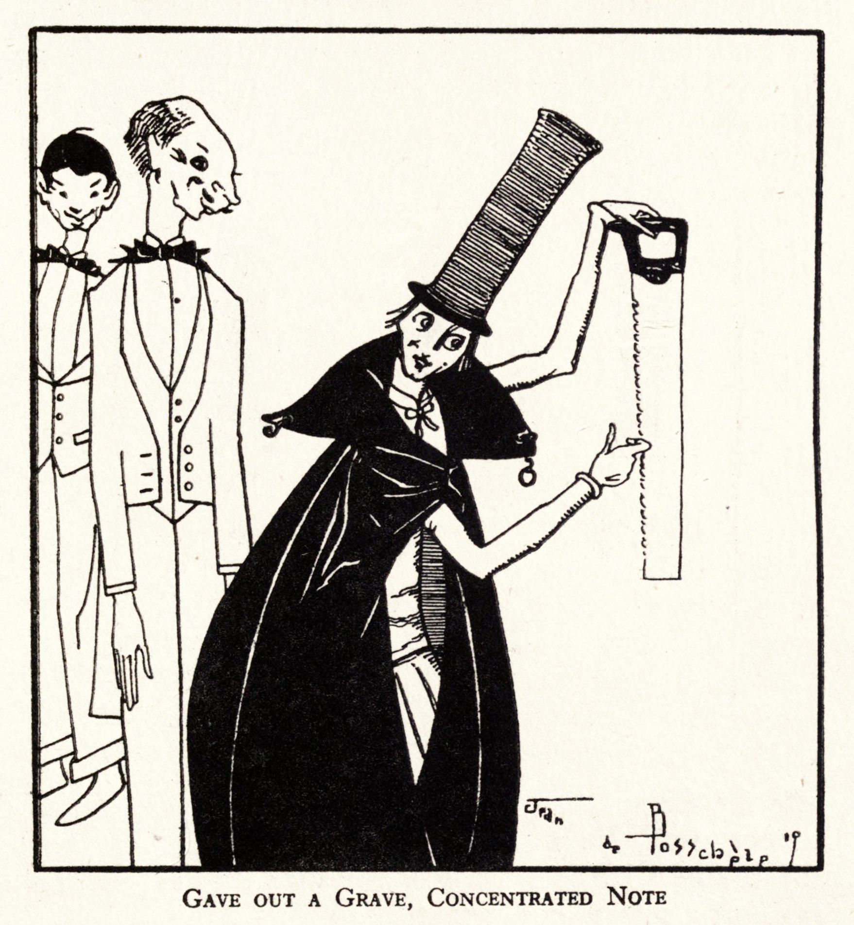 A vintage cartoon illustration of a tall, thin man in a top hat giving out a grave, concentrated note.