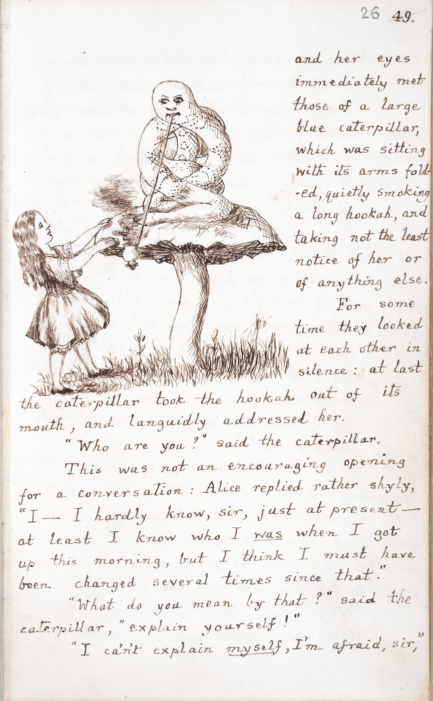Vintage illustration of Alice and a blue caterpillar smoking a hookah.