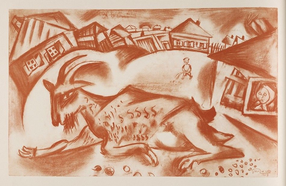 A sepia-toned print of a large face in profile with a town built on its features. A small child walks on the forehead of the face. The signature and date '1972' are in the bottom right corner.