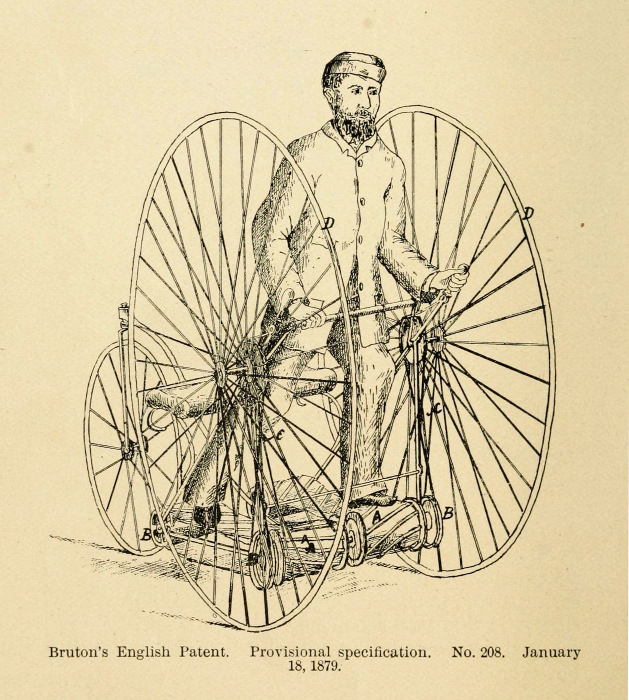 Vintage illustration of Bruton's English Patent bicycle with large spoked wheels and a bearded rider.