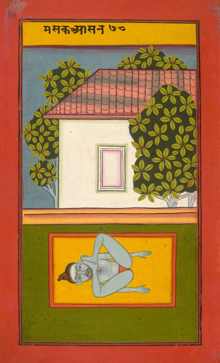 Traditional Indian painting depicting a yoga posture with a building and foliage in the background.
