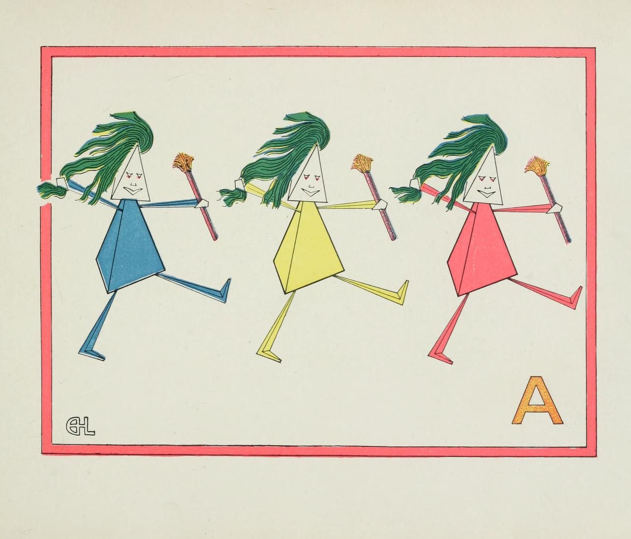 Vintage illustration of three geometric figures dancing with brushes, framed by a red rectangle with 'AL' and 'A' in the corners.