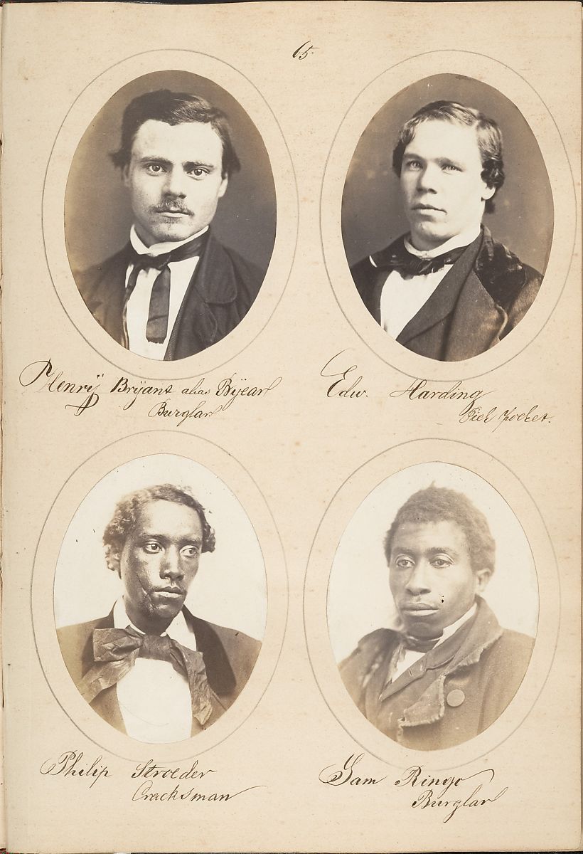 A vintage photograph featuring four oval-shaped portraits of men, identified by handwritten text as criminals with aliases.
