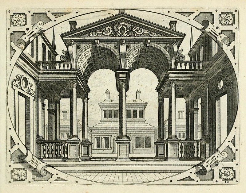 A detailed black and white engraving of a classical architectural design with a colonnade framing a view of a building in the distance.