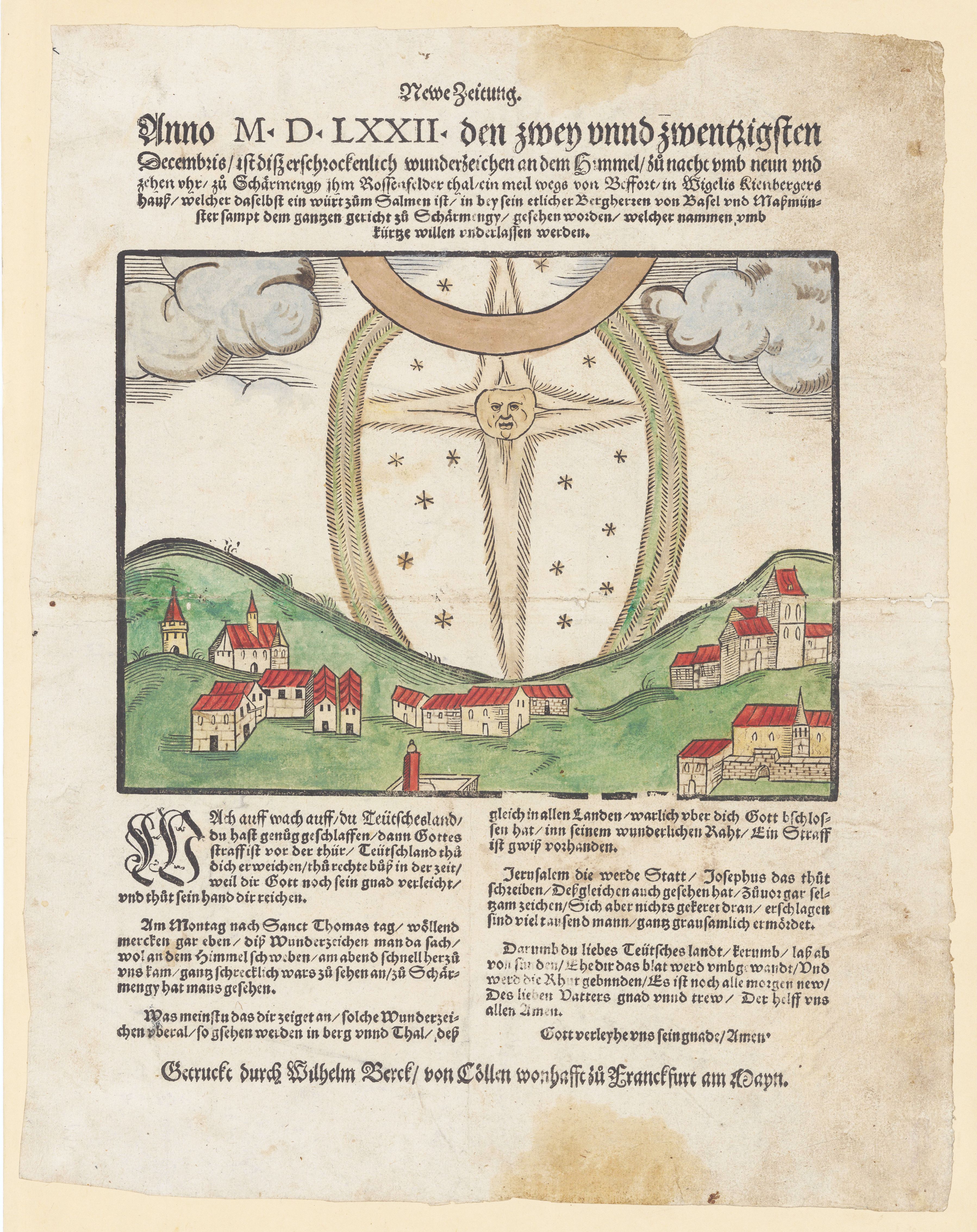 A detailed woodcut illustration from 1531, titled "Anno M.D.LXXII - Von dem zwey wund zwengsten Decembrio". It depicts a religious scene set within a landscape and city.