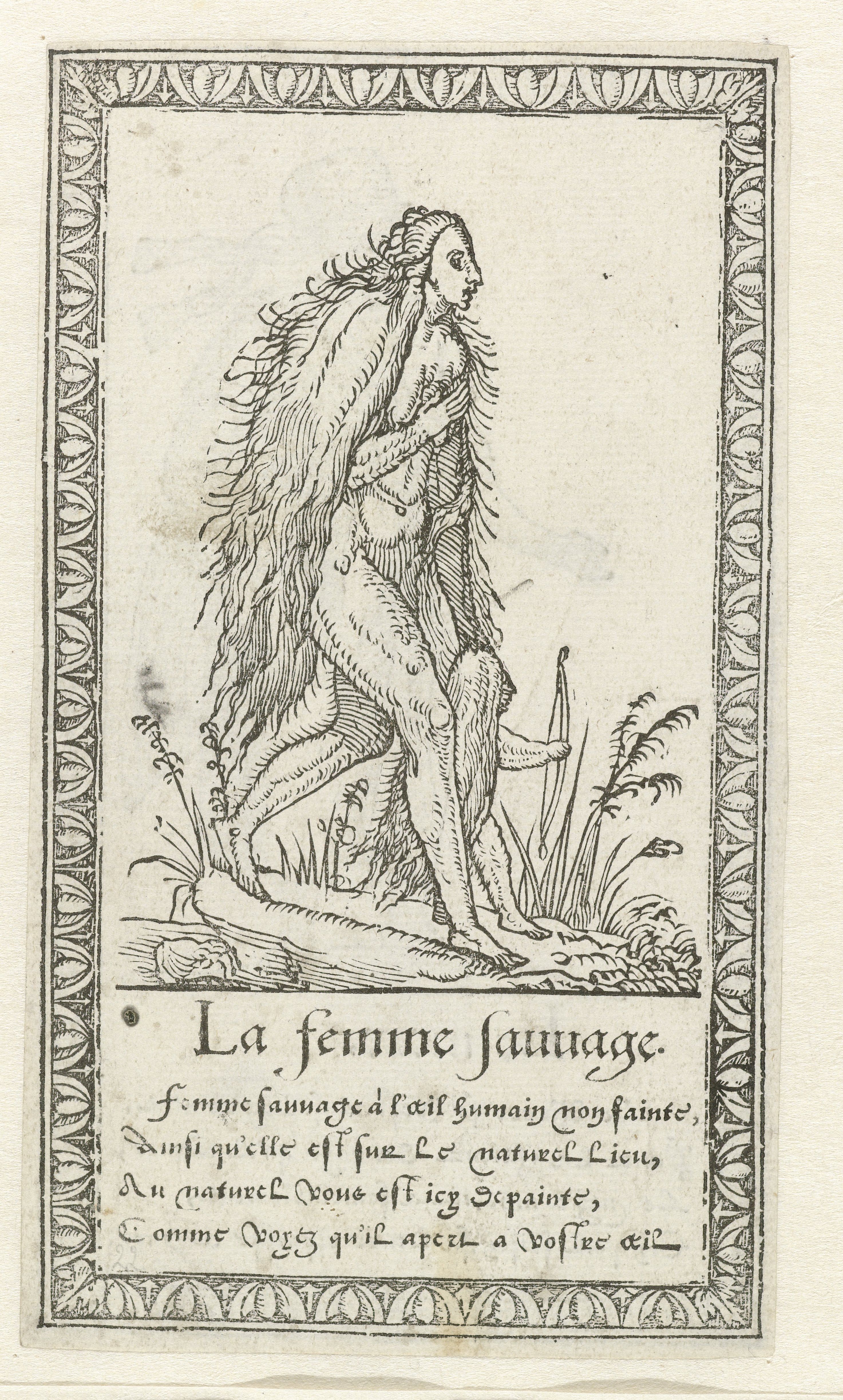 A black and white engraving of a wild woman standing in a grassy field with trees in the background. The woman has long hair and is covered in fur or vegetation. Below the image is text in French reading "La femme sauvage."
