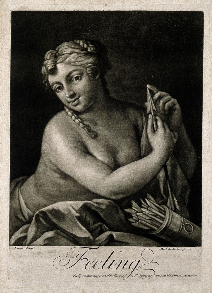A black and white engraving of a woman holding a feather quill, with the word 'Feeling' written below.