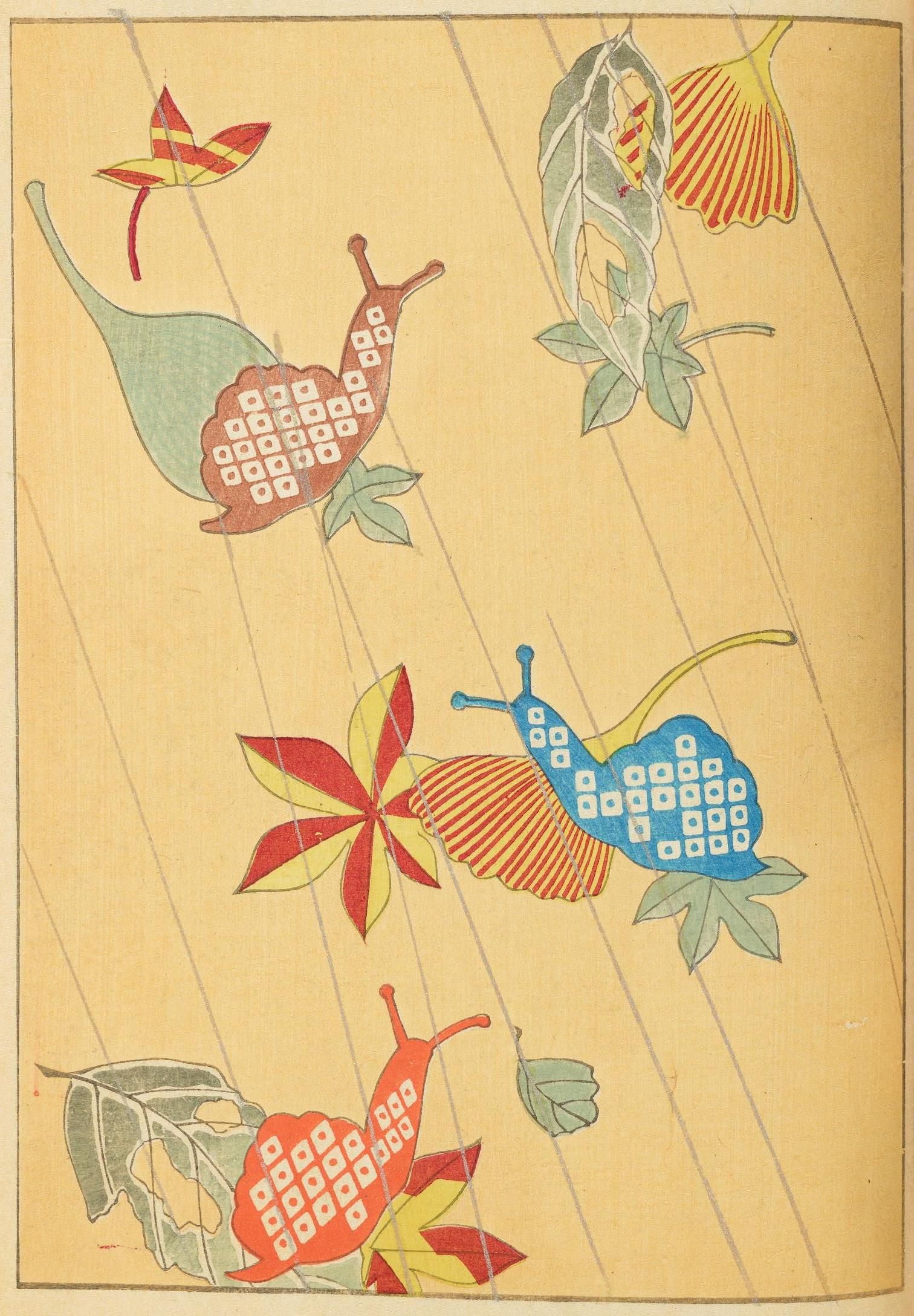 A vintage-style pattern with repeating motifs of snails and botanical elements on a pale yellow background.