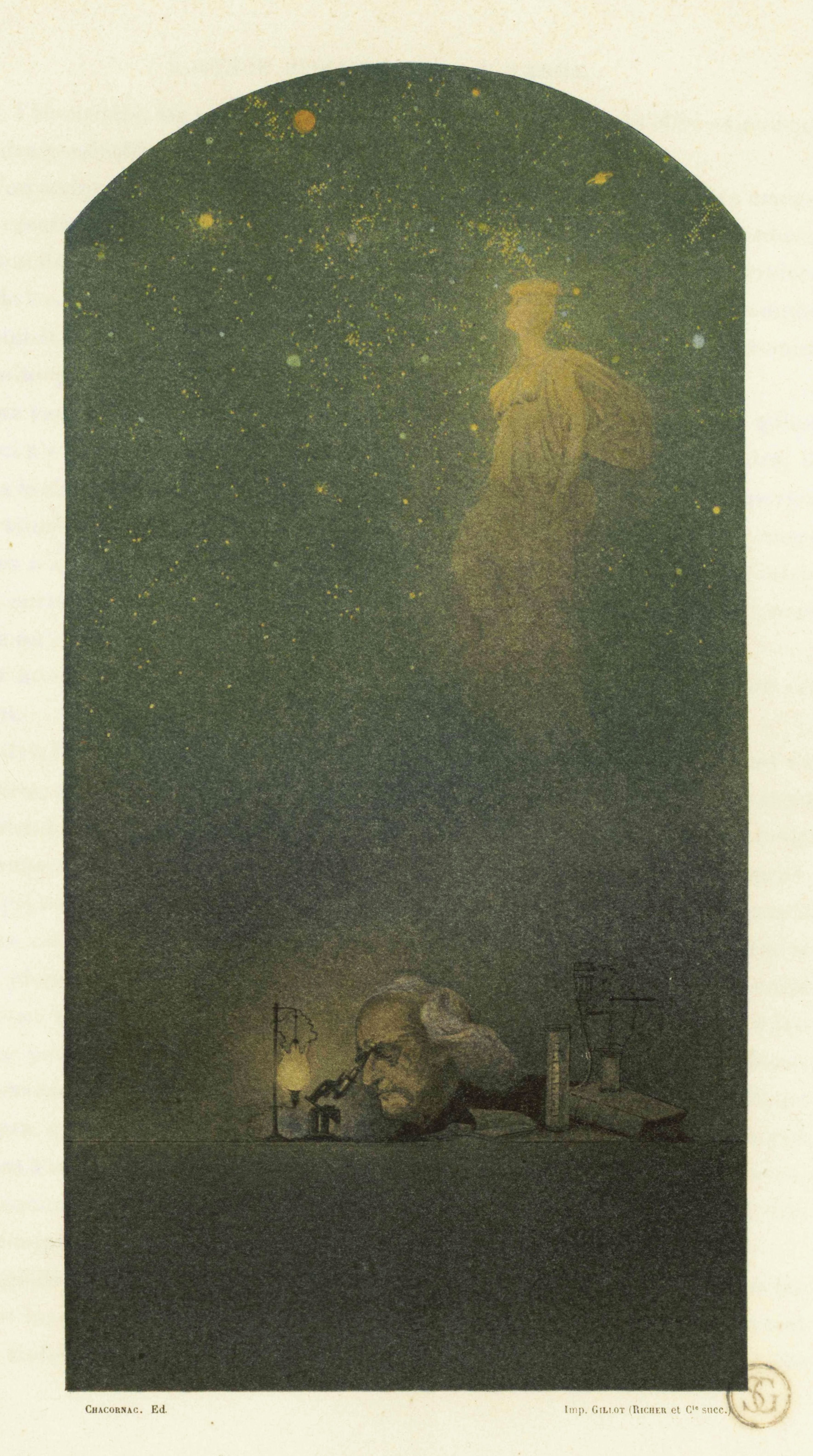 Vintage lithograph of a dark landscape with a castle, a chained head, and a starry night sky.