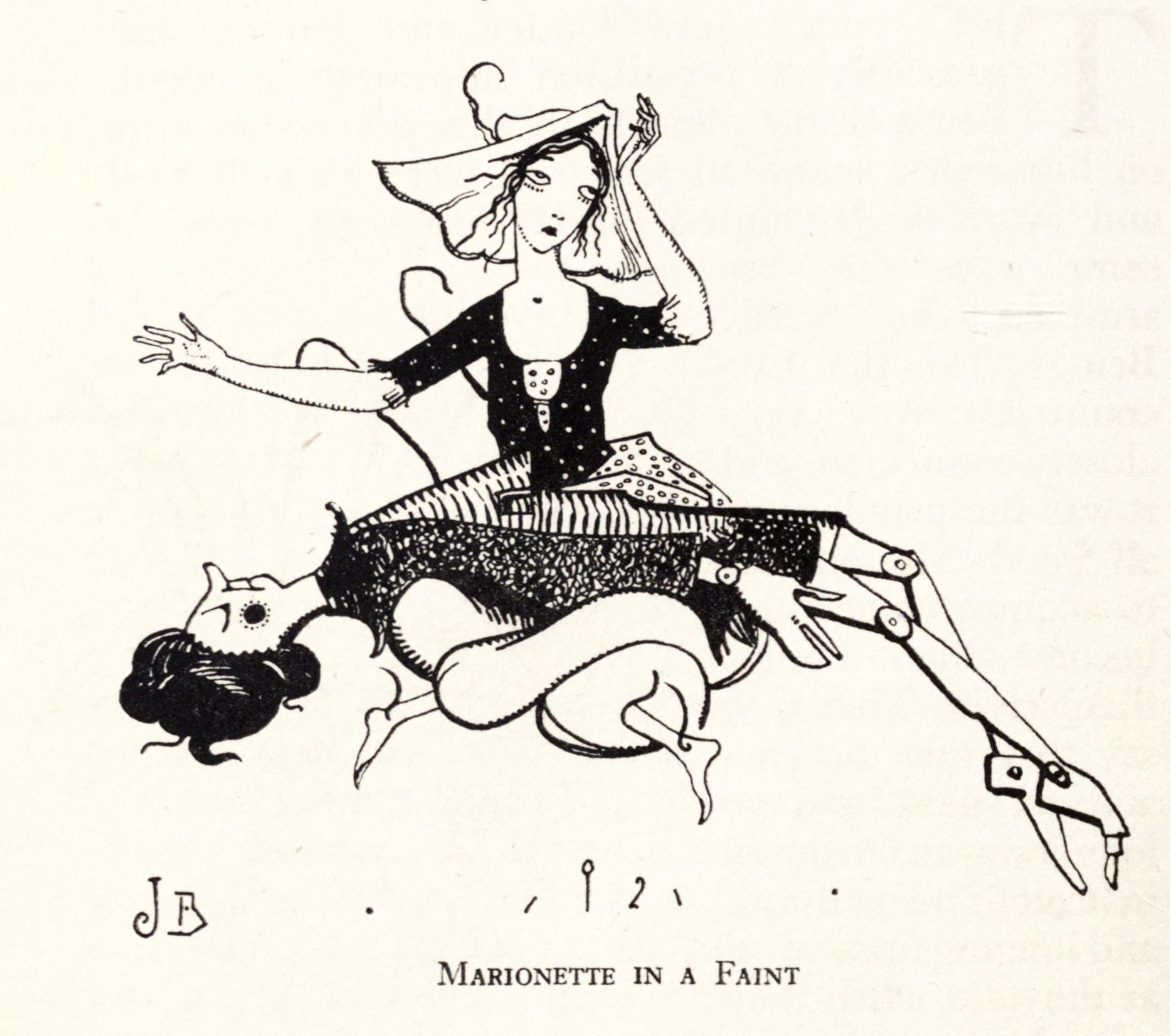 black and white illustration of a woman in a flapper dress fainting, with strings attached to her limbs, suggesting she is a marionette