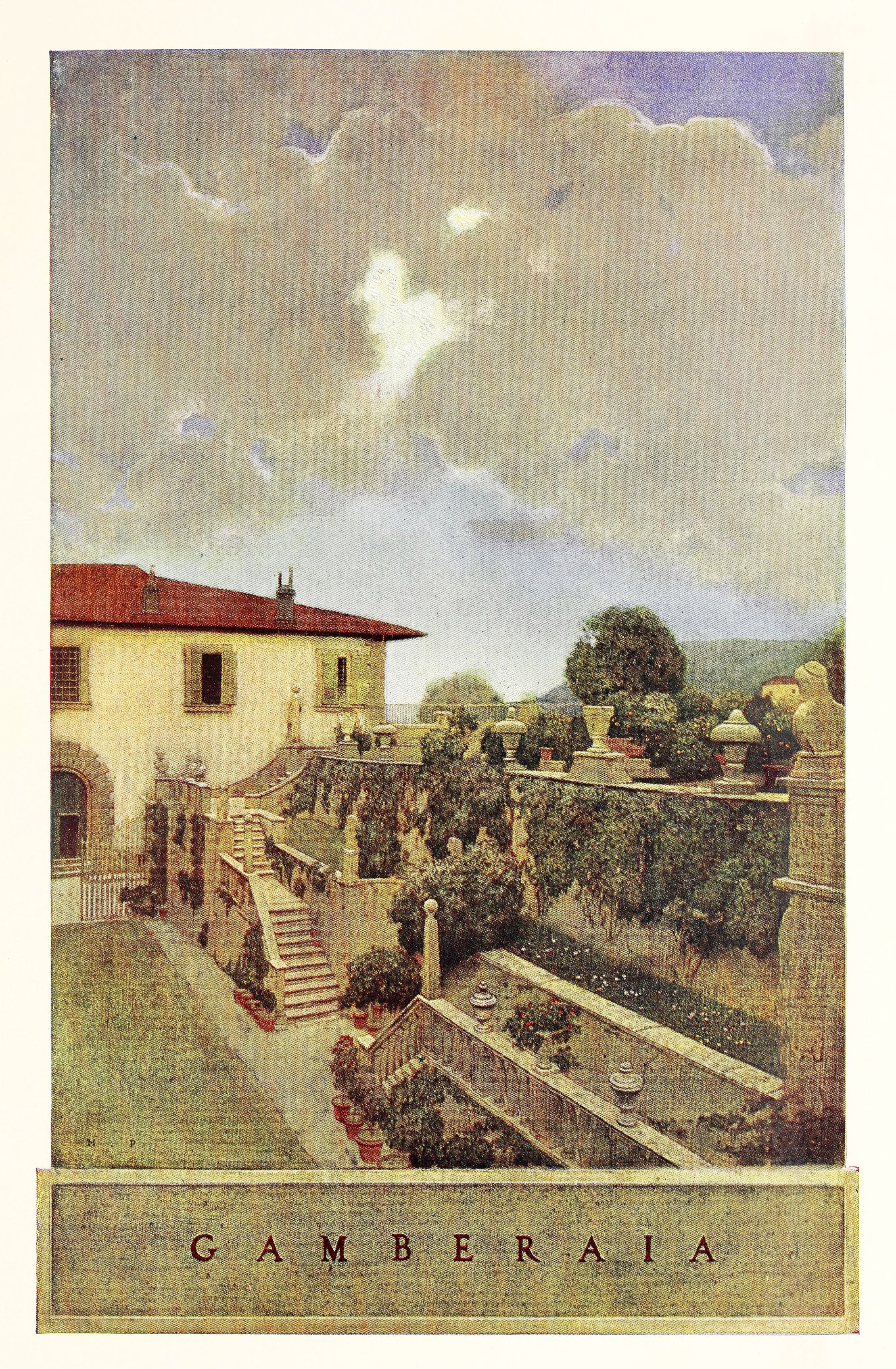 Vintage painting of an Italian villa and garden with the word 'CAMBERAIA' at the bottom.
