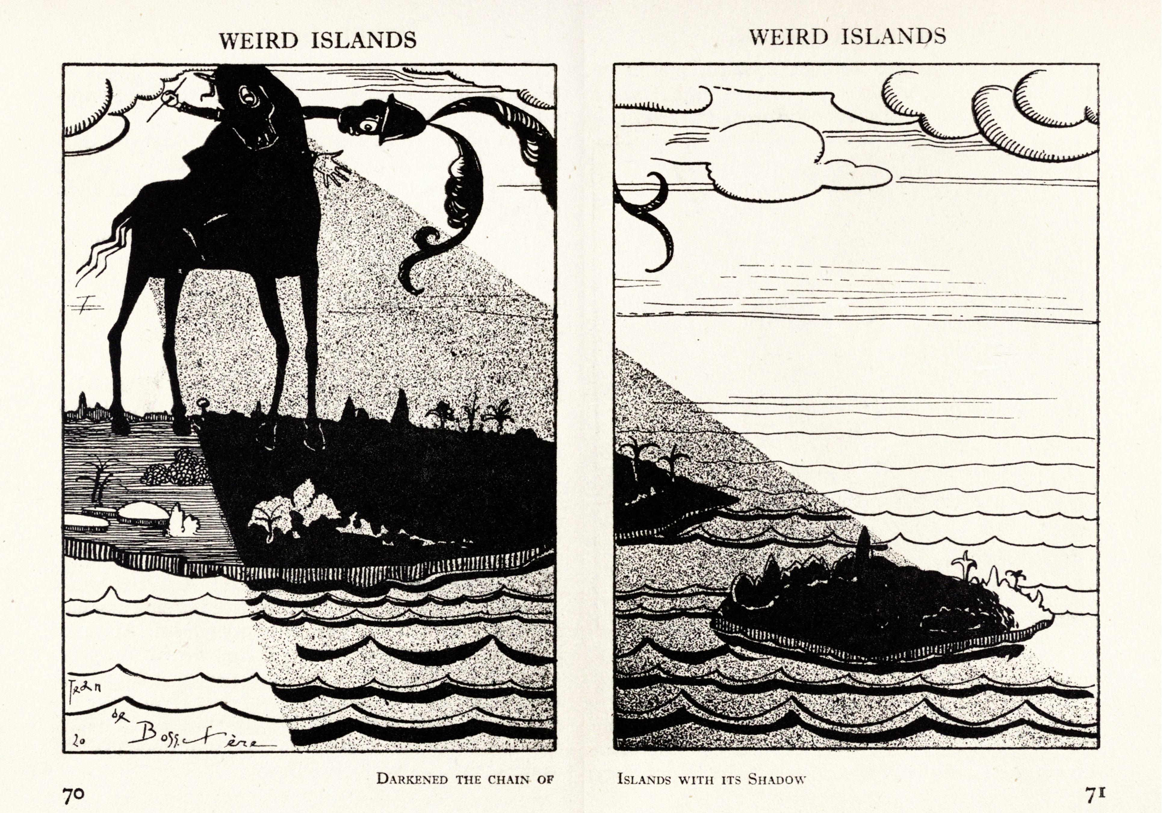 Two black and white illustrations titled 'Weird Islands'. The left illustration shows a tall, grotesque creature standing on a small island. The right illustration shows a small island casting a large shadow on the water.