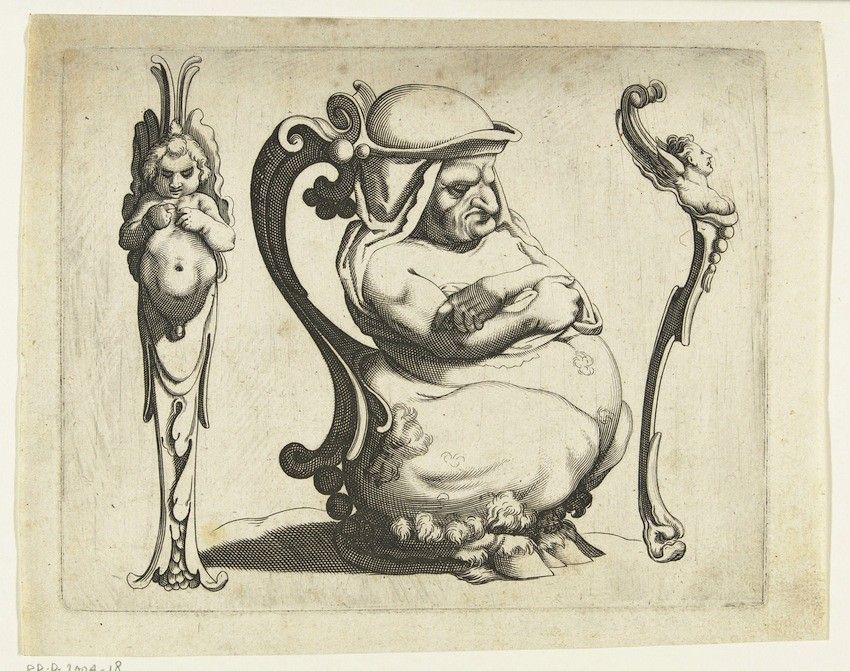 A black and white engraving of a teapot shaped like a stout man wearing a helmet, flanked by two cherubs and surrounded by ornate designs.