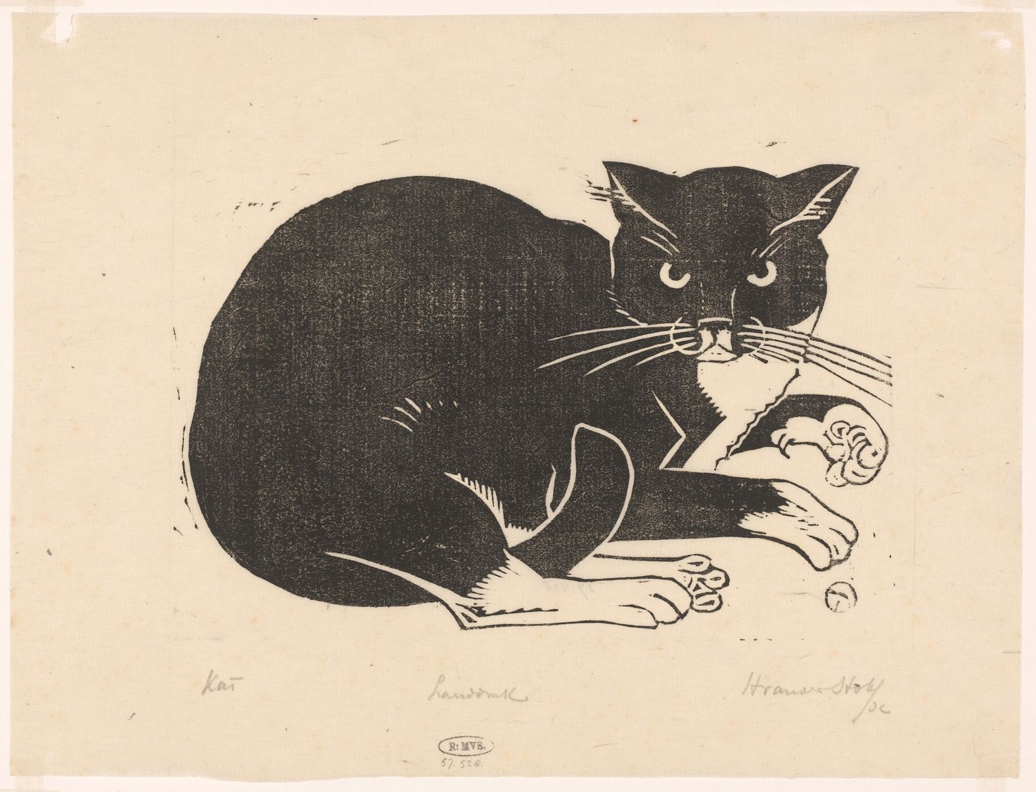 A black and white woodcut print of a curled-up cat.