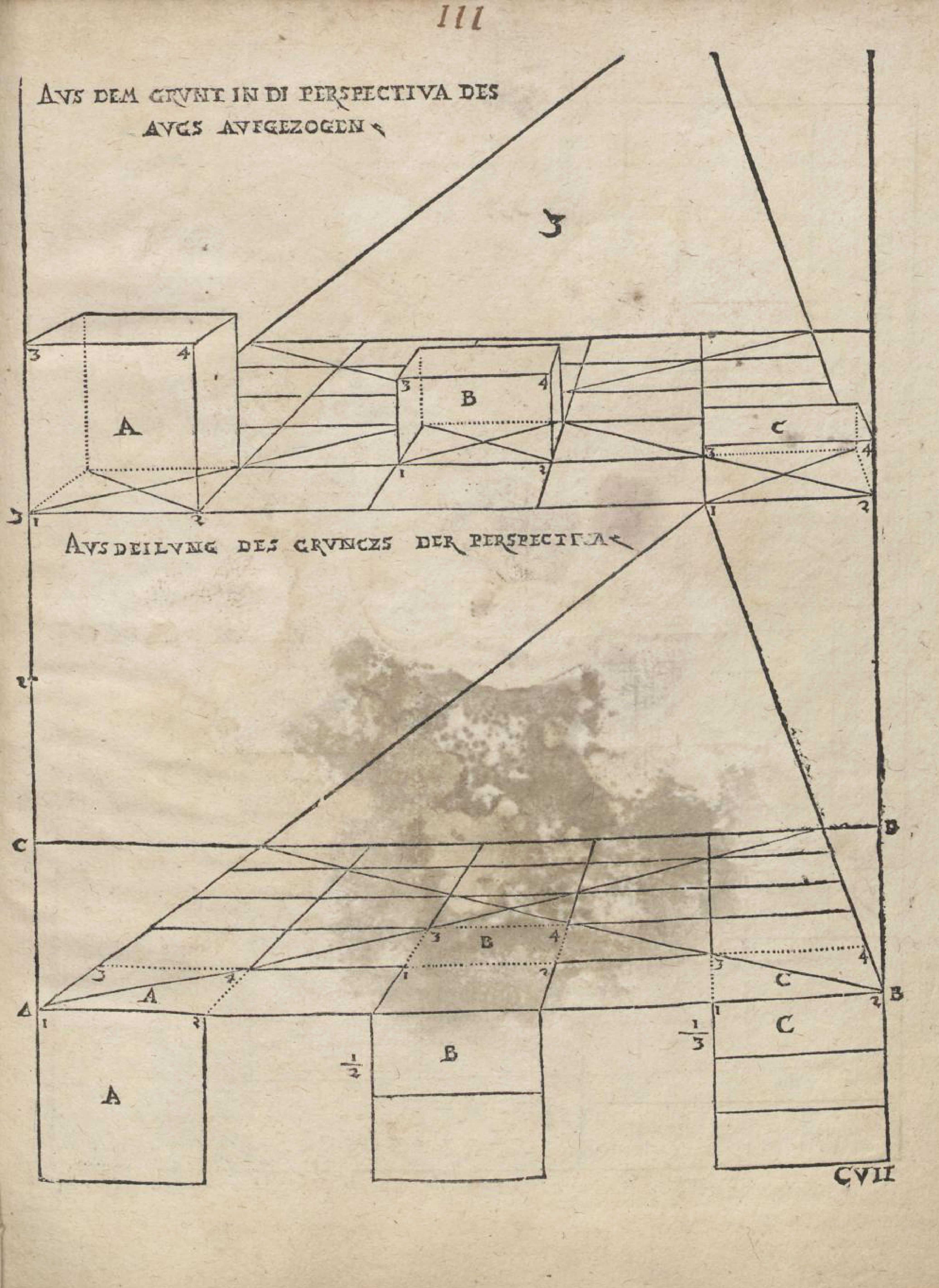 A page from an old book with a complex geometric diagram featuring rectangular prisms, lines, and numbers.