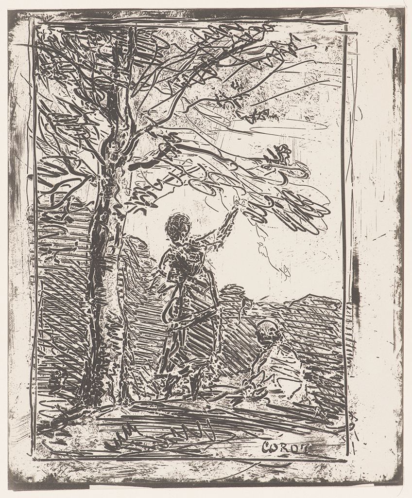A black and white etching or engraving depicting a person under a tree.