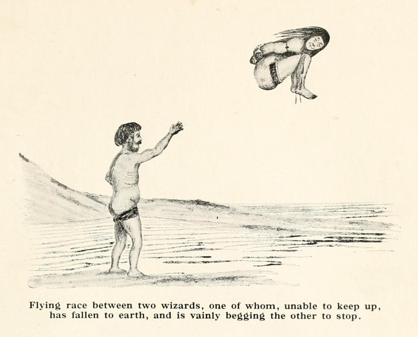 A vintage illustration of two wizards engaged in a flying race. One wizard is falling towards the ground, pleading with the other wizard who continues to fly ahead.
