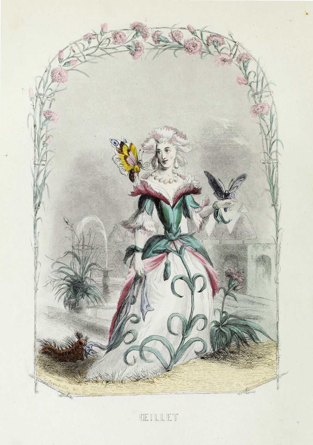 Vintage lithograph of a woman dressed as a flower in a garden setting.