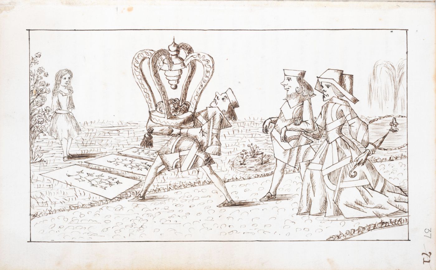 A vintage pen and ink illustration depicting a scene from *Alice's Adventures in Wonderland*, with the Queen of Hearts being carried by card figures and Alice observing.