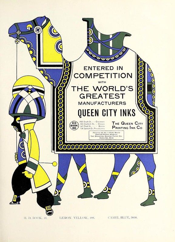 A vintage advertisement for Queen City Printing Ink Co. featuring a stylized horse and rider in an Art Deco design.