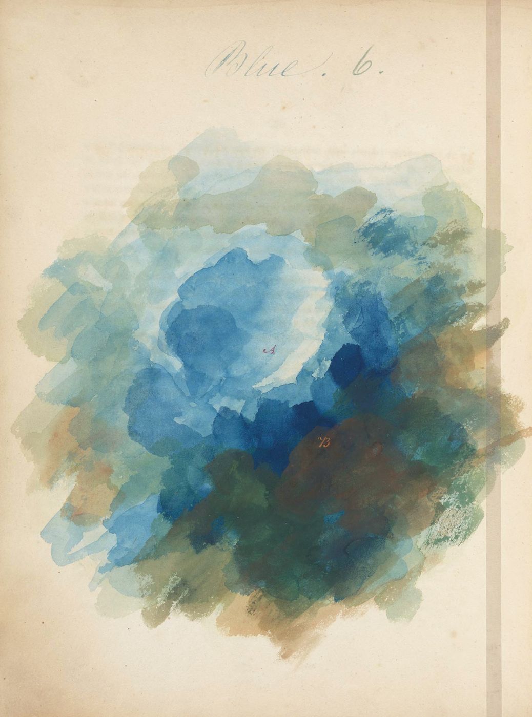 A vintage watercolor painting of a blue and green amorphous shape on aged paper, with handwritten text and numbers.