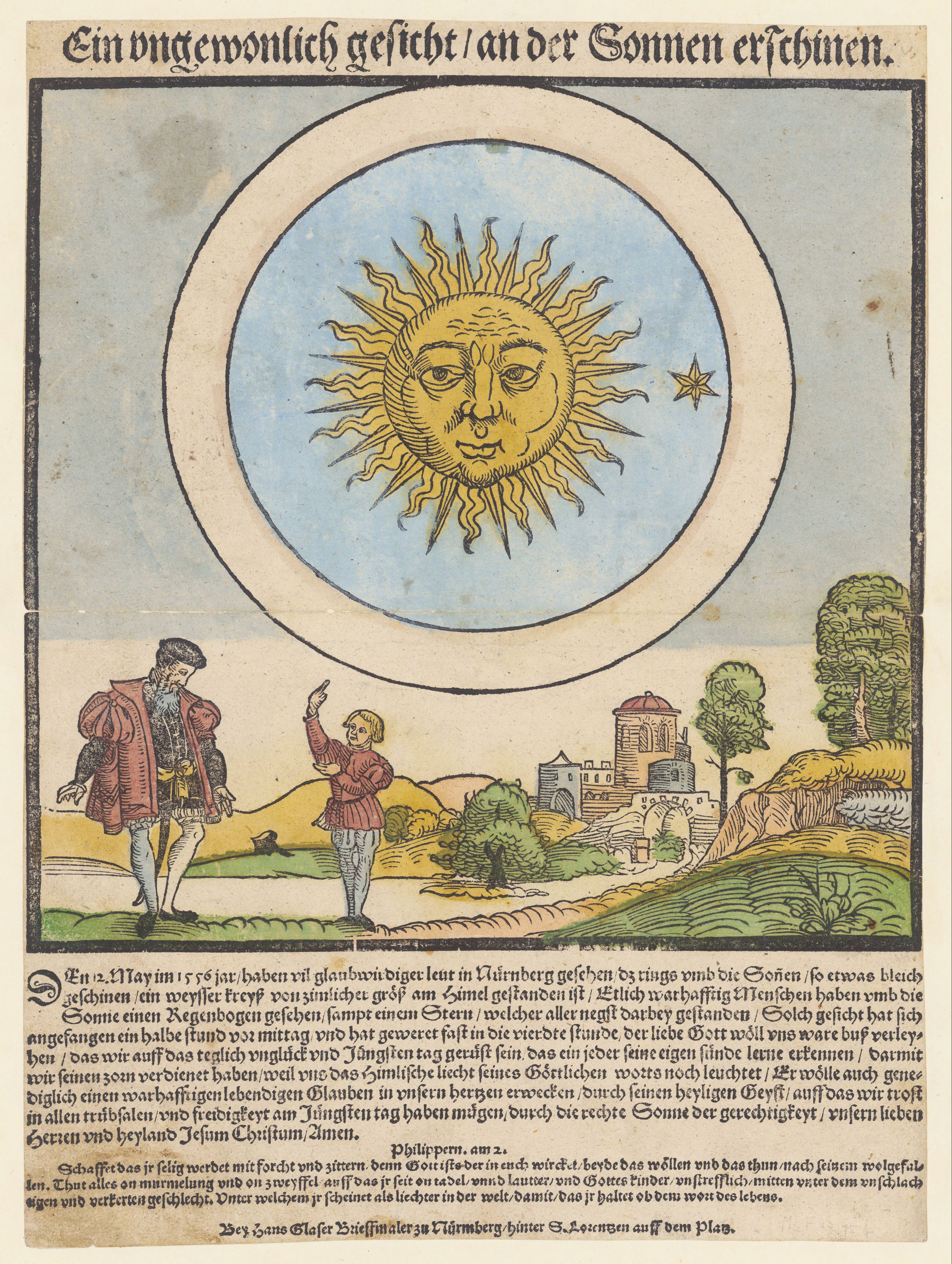 A woodcut print from 1561 depicting a celestial event witnessed in Nuremberg. A large, radiant sun dominates the upper half of the image, with a smaller star-like object nearby. Below, a group of people are observing the event, pointing upwards in awe or alarm. A cityscape is visible in the background, and the image is surrounded by German text.