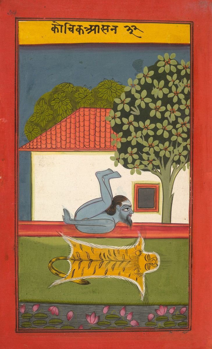 Traditional Indian painting of a blue-skinned man performing a yoga pose on a tiger, with a building and tree in the background.