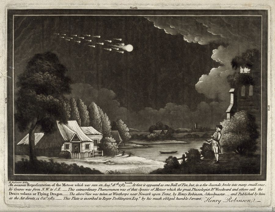 Vintage engraving of a meteor streaking across the night sky over a rural village.