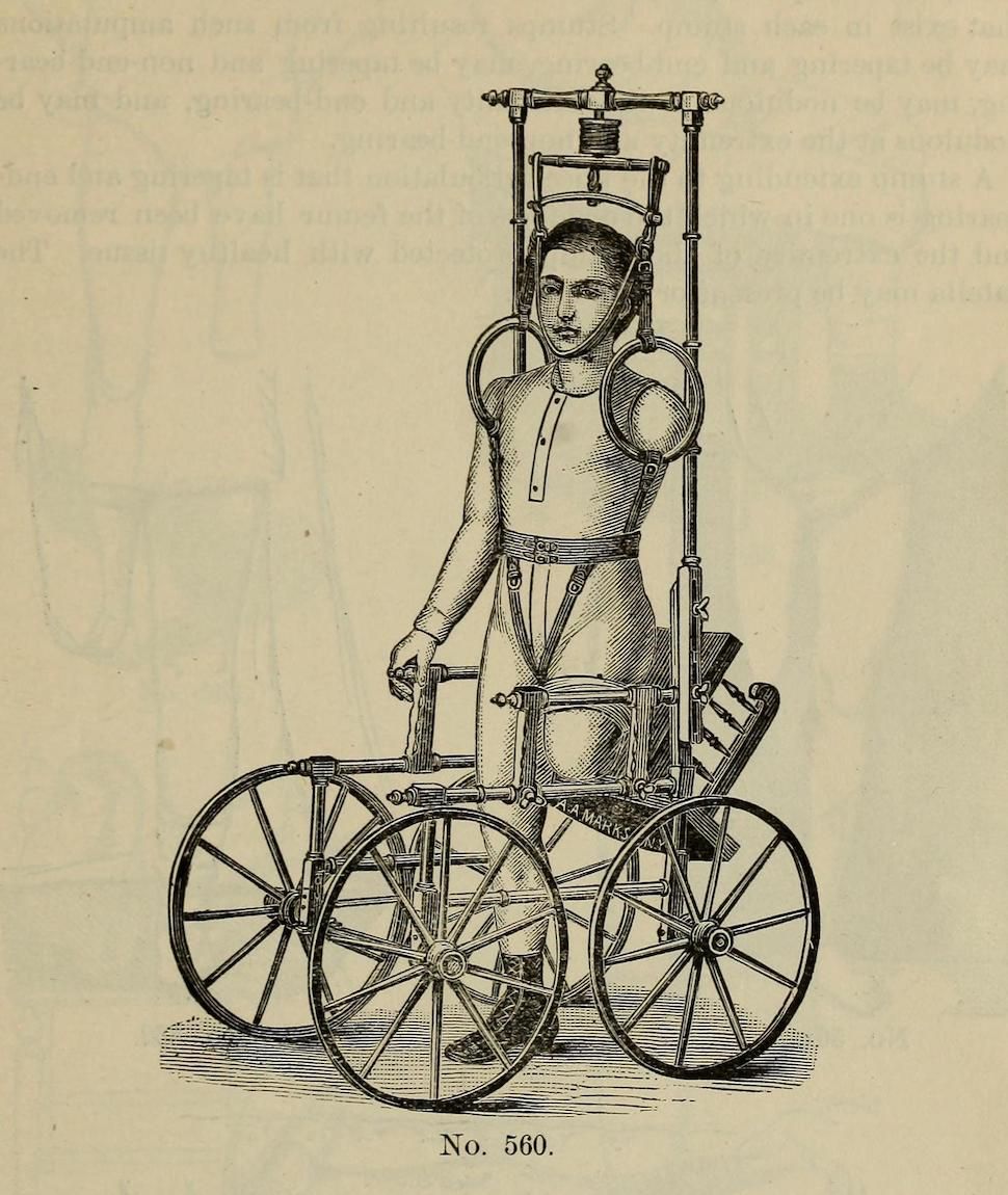 Vintage illustration of a person in a complex mechanical wheelchair.