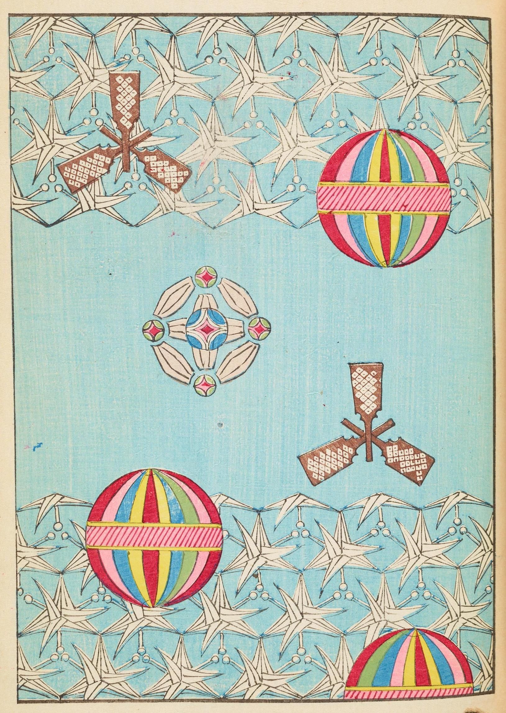 Vintage illustration of colorful ornaments on a light blue star-patterned background.